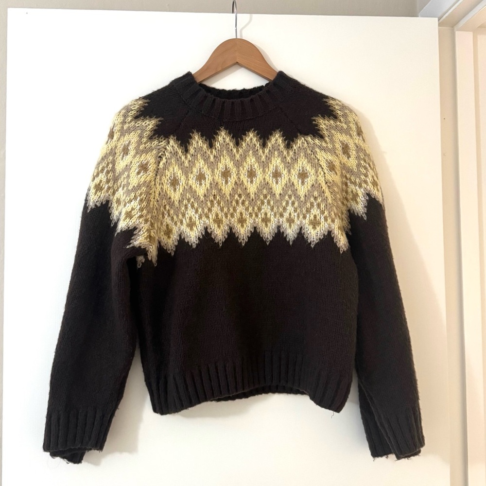 H&M Fair Isle Knit Sweater | Brown & Yellow Nordic Pattern - XS